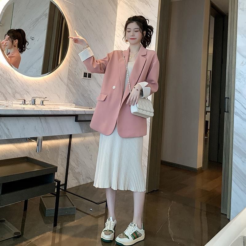 スーツ 韓国版ネットレッドフライドストリートピンクスモールスーツジャケットレディースダブルブレストルーズカジュアルシックスーツ春秋新作 スーツ 韓国版ネットレッドフライドストリートピンクスモールスーツジャケットレディースダブルブレストルーズカジュアルシックスーツ春秋新作