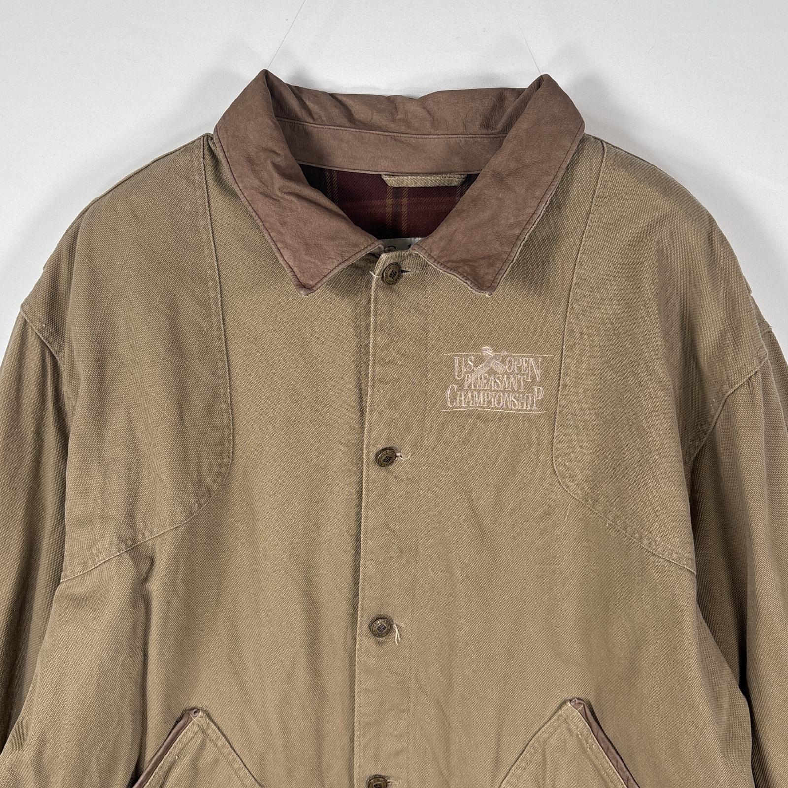 古着 ダック ハンティングジャケット 襟レザー 刺繍 裏地チェク柄 ビッグサイズ XL ブラウン メンズ 古着 ダック ハンティングジャケット 襟レザー 刺繍 裏地チェク柄 ビッグサイズ XL ブラウン メンズ