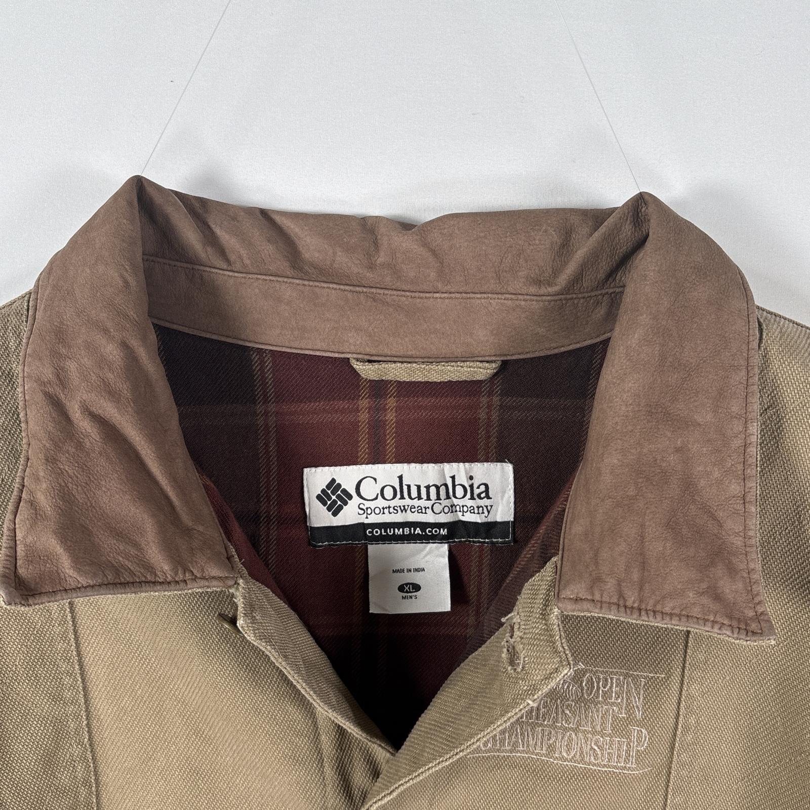 古着 ダック ハンティングジャケット 襟レザー 刺繍 裏地チェク柄 ビッグサイズ XL ブラウン メンズ 古着 ダック ハンティングジャケット 襟レザー 刺繍 裏地チェク柄 ビッグサイズ XL ブラウン メンズ