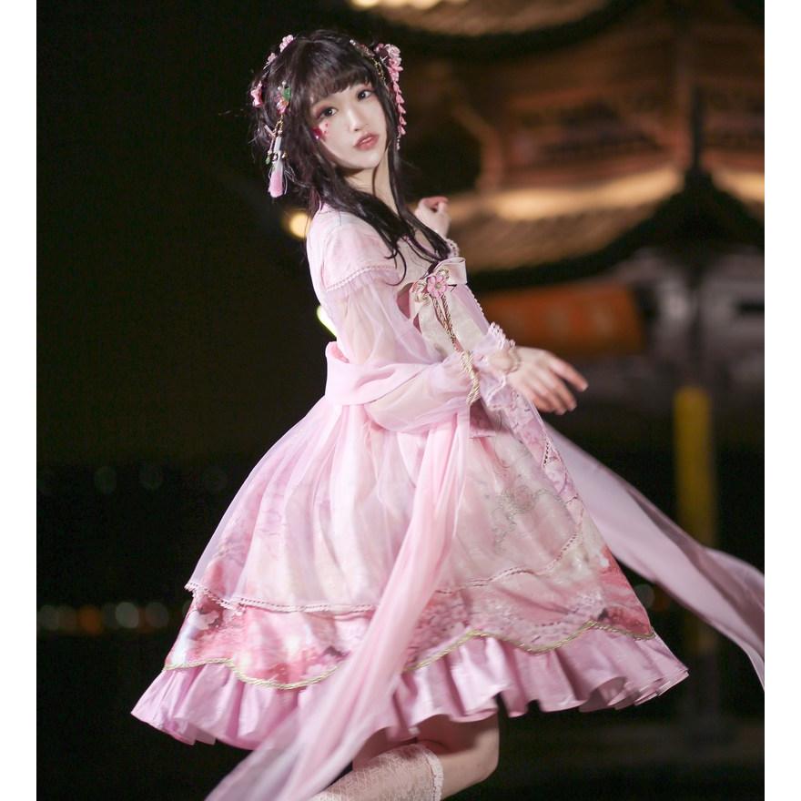 中華ロリータ 桜 幻想的 ゆめかわいい ロリィタ ワンピース コスプレ アイドル チャイナドレス 衣装 長袖 半袖 漢服