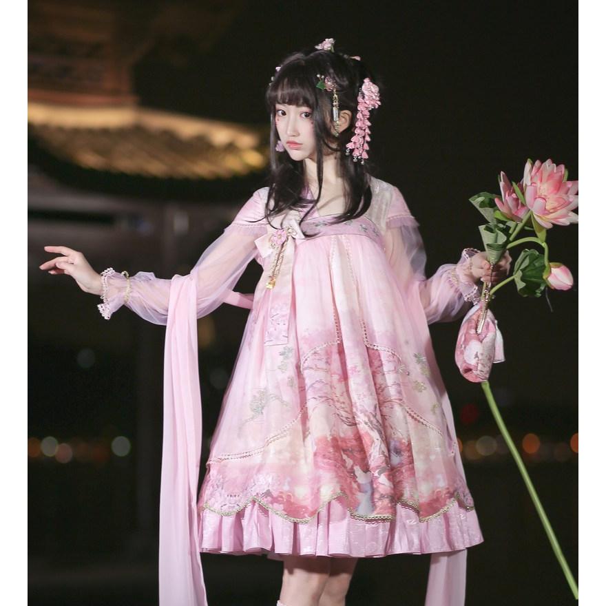中華ロリータ 桜 幻想的 ゆめかわいい ロリィタ ワンピース コスプレ アイドル チャイナドレス 衣装 長袖 半袖 漢服