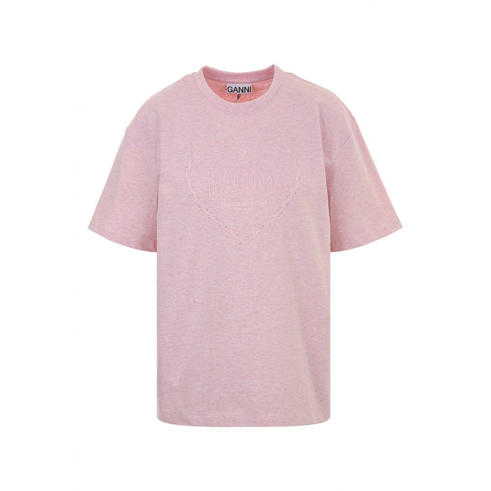 25SS T4090 868 ガニドロップショルダーハート刺繍チョークピンクショートスリーブ T シャツ