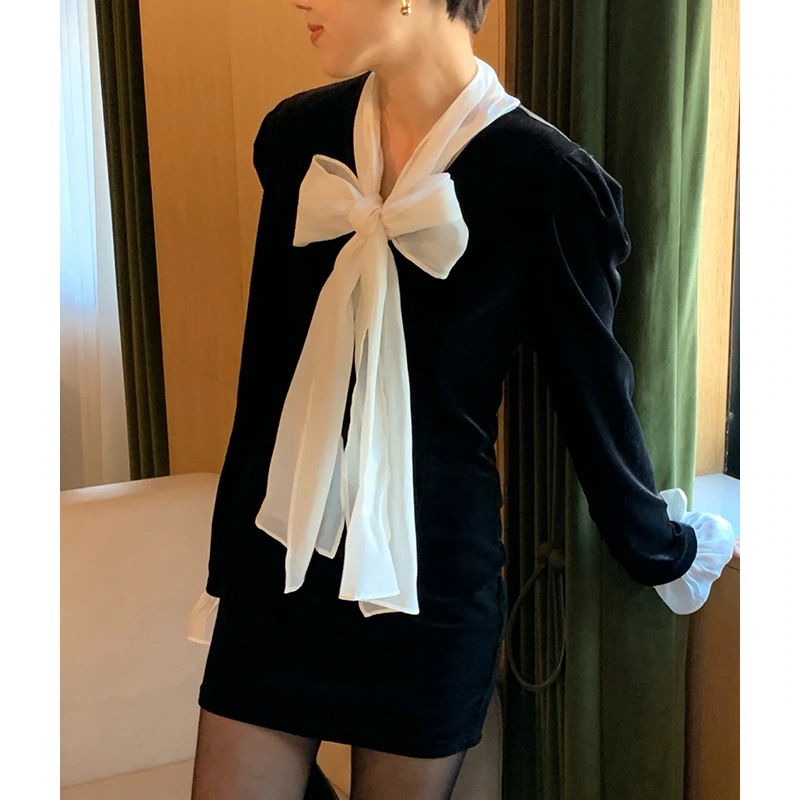 秋冬 人気ミニワンピ レディース リボン付き ベルベットワンピース女性 秋冬 人気ミニワンピ レディース リボン付き ベルベットワンピース女性