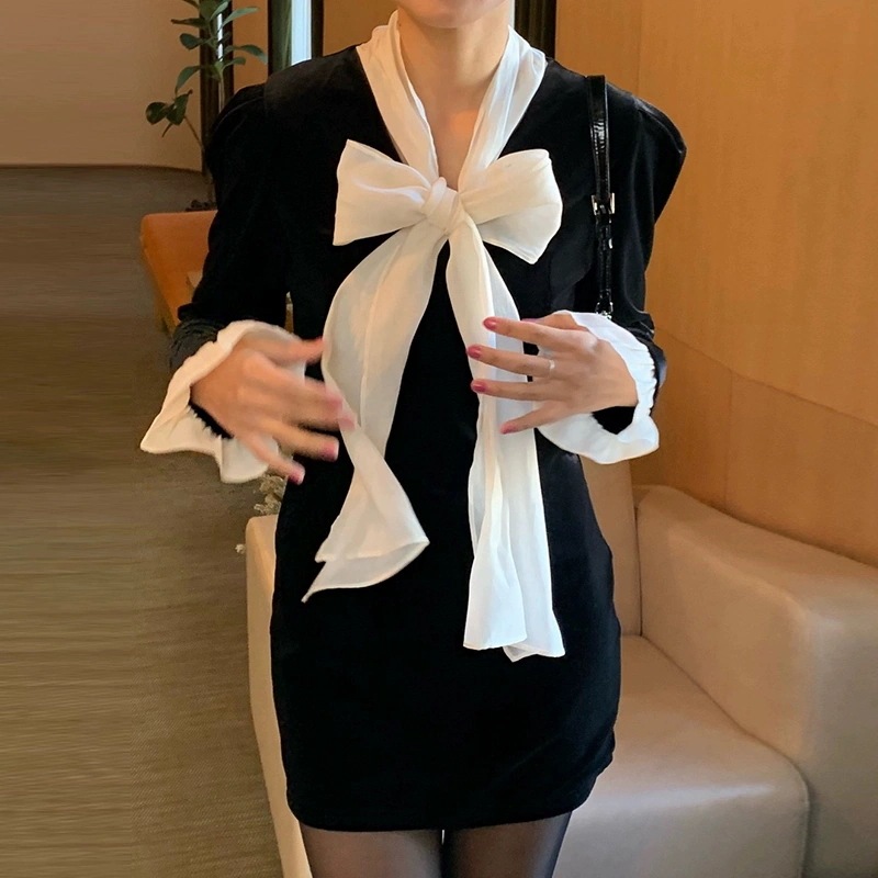 秋冬 人気ミニワンピ レディース リボン付き ベルベットワンピース女性 秋冬 人気ミニワンピ レディース リボン付き ベルベットワンピース女性