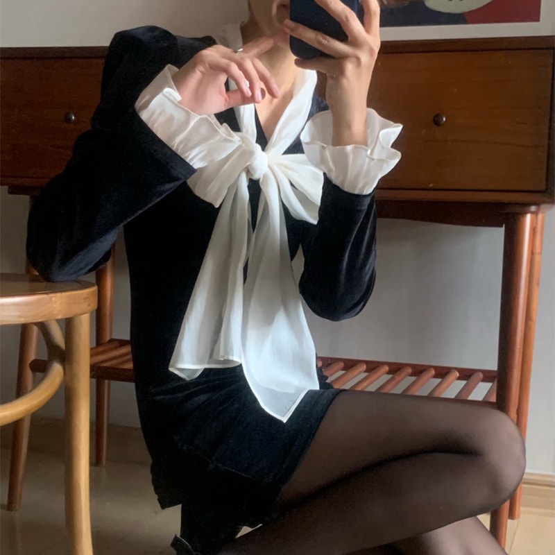 秋冬 人気ミニワンピ レディース リボン付き ベルベットワンピース女性 秋冬 人気ミニワンピ レディース リボン付き ベルベットワンピース女性