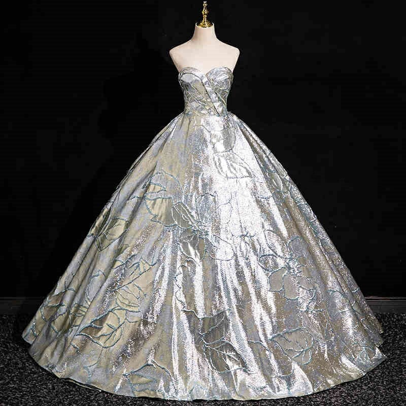 カラードレス ロングドレス パーティードレス シルバー 華やか ビスチェ ベアトップ 花柄 ウェディングドレス ウエディングドレス 結婚式 二次会 花嫁 前撮り 演奏会 発表会 カクテルドレス 披露宴