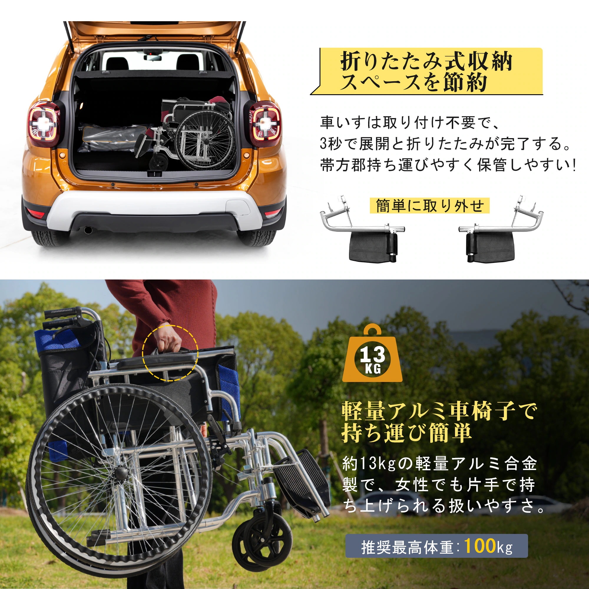 2041車椅子 折畳み 自走式 自走介助兼用 自立できる 軽量 コンパクト ノーパンクタイヤ 折りたたみ 収納可能 超軽量 コンパクト 安全ベルトつき 背面ポケット 外出用 介護 福祉用具 ブラック