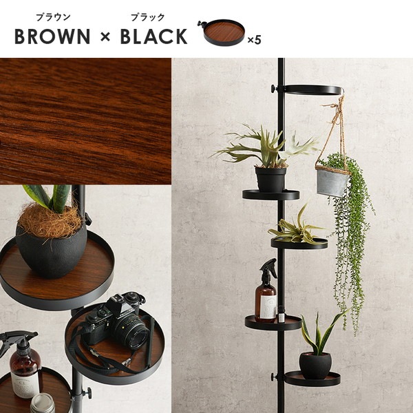 突っ張りラック 丸型 6点セット(突っ張り棒/トレイx5個) ブラウンxブラック 組立品 突っ張りラック 丸型 6点セット(突っ張り棒/トレイx5個) ブラウンxブラック 組立品