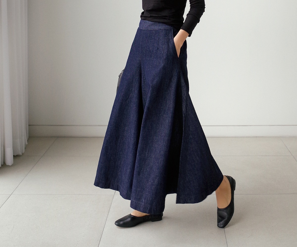 パンツ ガウチョパンツ デニムパンツ バギーパンツ ロング ロング丈 アンクル丈 フレア ワイド ガウチョ Aライン ウエストゴム 伸縮性 綿 デニム ブルーデニム 大人可愛い カジュアル 大人