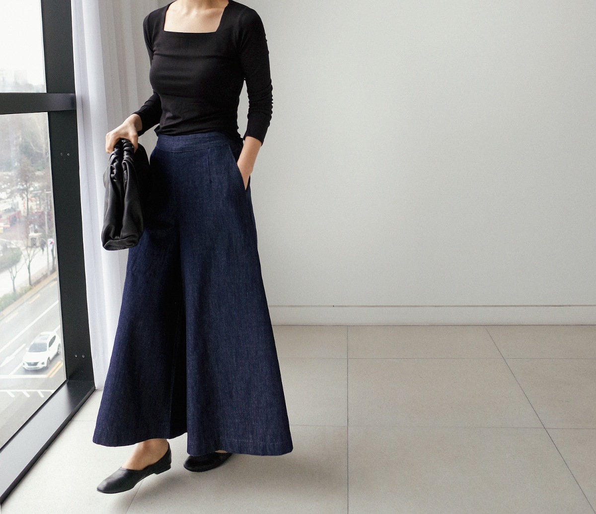 パンツ ガウチョパンツ デニムパンツ バギーパンツ ロング ロング丈 アンクル丈 フレア ワイド ガウチョ Aライン ウエストゴム 伸縮性 綿 デニム ブルーデニム 大人可愛い カジュアル 大人