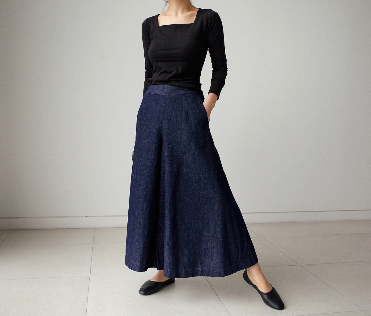 パンツ ガウチョパンツ デニムパンツ バギーパンツ ロング ロング丈 アンクル丈 フレア ワイド ガウチョ Aライン ウエストゴム 伸縮性 綿 デニム ブルーデニム 大人可愛い カジュアル 大人