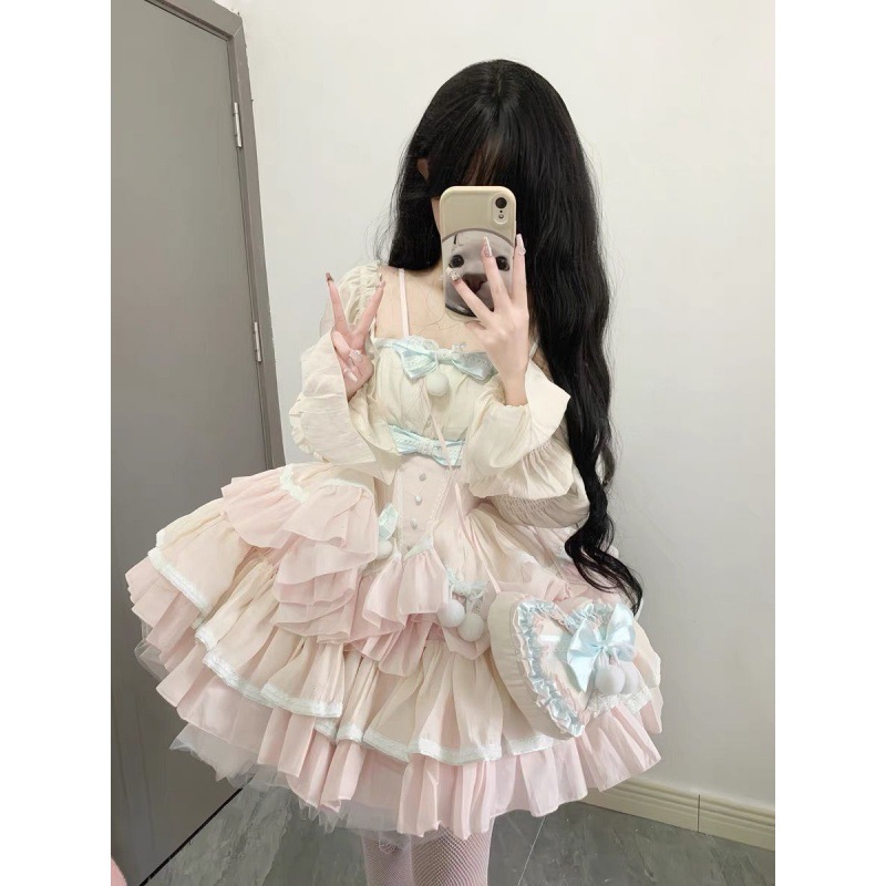 重工業のガーリッシュなリボンとコントラストカラーのパッチワークウエストとスタイリッシュなパフスカートを備えた女性向けの甘い年齢を軽減するロリータプリンセスドレス 重工業のガーリッシュなリボンとコントラストカラーのパッチワークウエストとスタイリッシュなパフスカートを備えた女性向けの甘い年齢を軽減するロリータプリンセスドレス