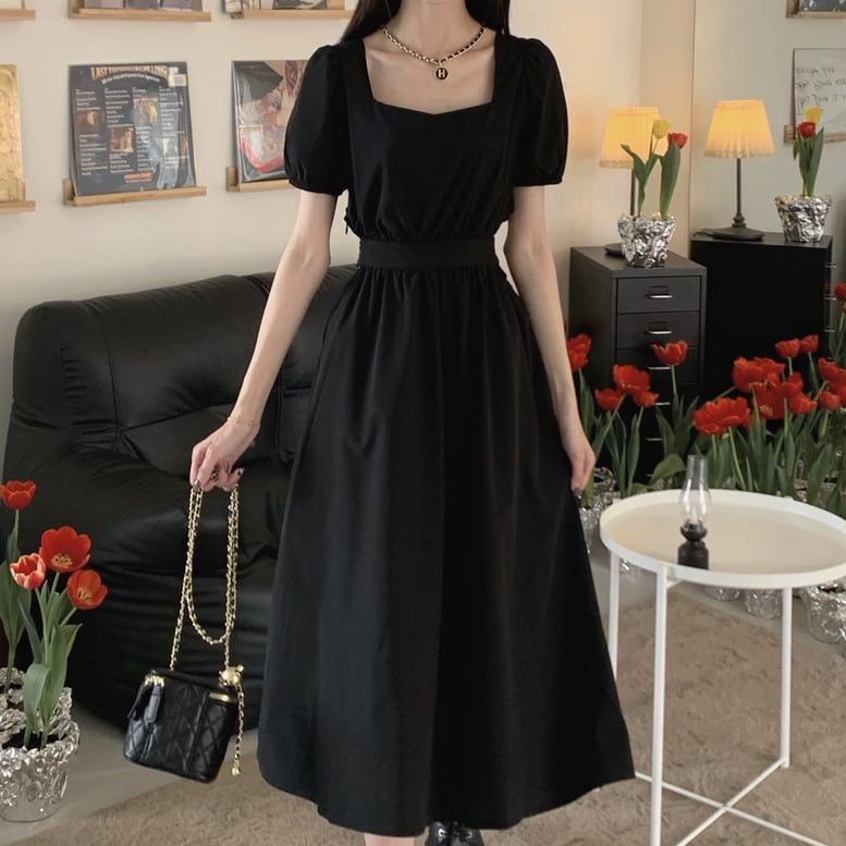 レディース ロングワンピース サイドオープン スクエアネック 半袖 パフスリーブ ウエストカット レディース ロングワンピース サイドオープン スクエアネック 半袖 パフスリーブ ウエストカット