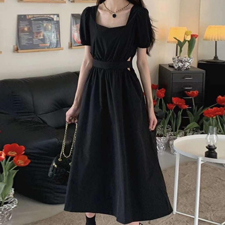 レディース ロングワンピース サイドオープン スクエアネック 半袖 パフスリーブ ウエストカット レディース ロングワンピース サイドオープン スクエアネック 半袖 パフスリーブ ウエストカット