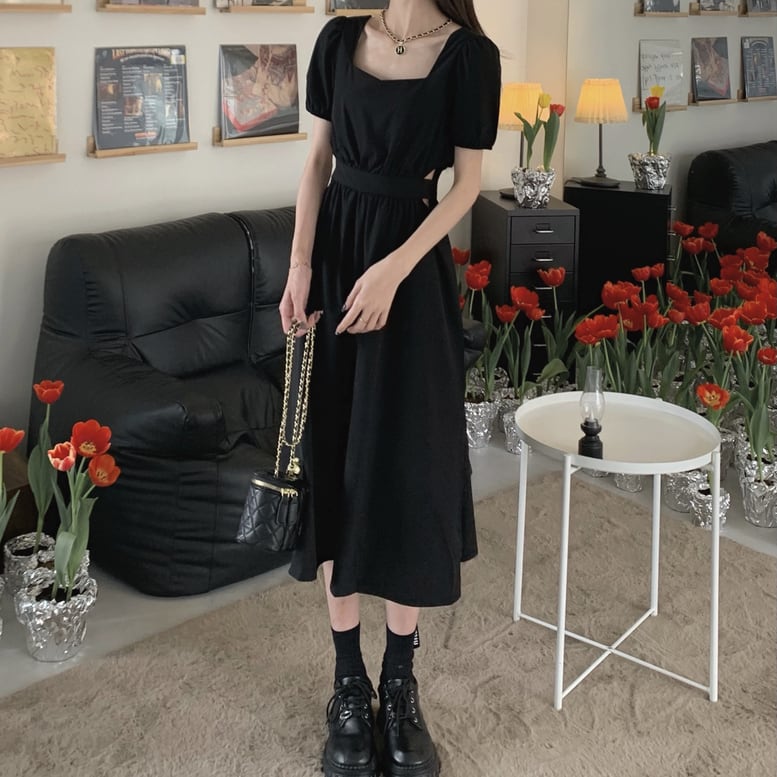 レディース ロングワンピース サイドオープン スクエアネック 半袖 パフスリーブ ウエストカット レディース ロングワンピース サイドオープン スクエアネック 半袖 パフスリーブ ウエストカット