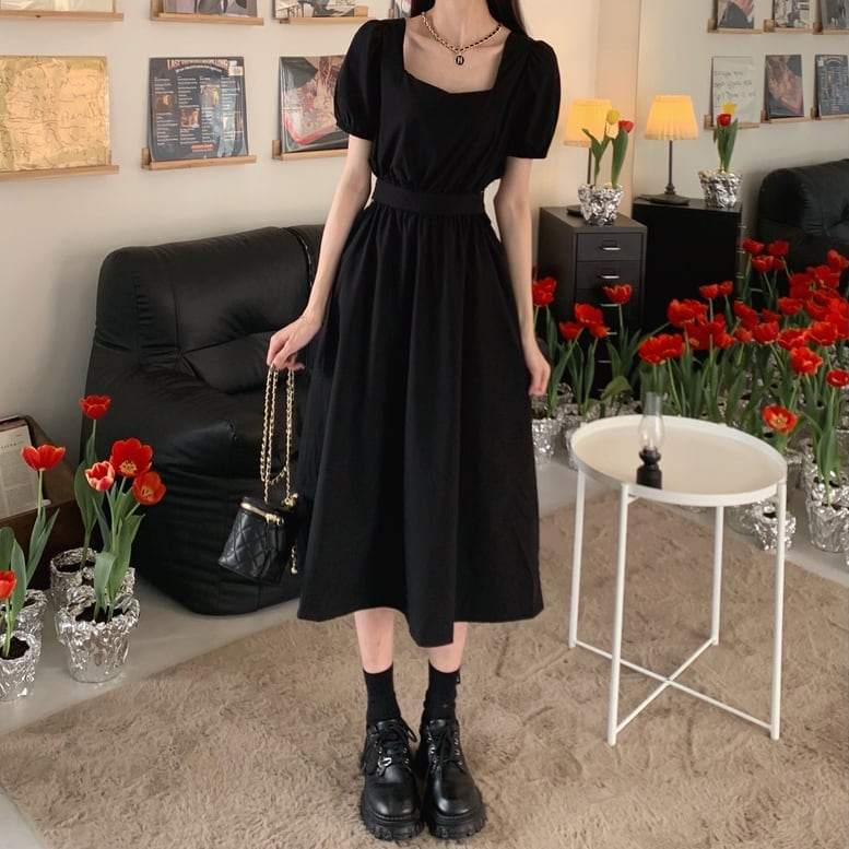 レディース ロングワンピース サイドオープン スクエアネック 半袖 パフスリーブ ウエストカット レディース ロングワンピース サイドオープン スクエアネック 半袖 パフスリーブ ウエストカット