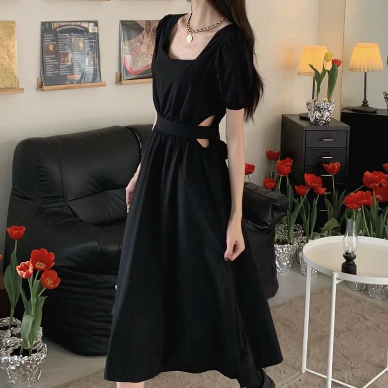 レディース ロングワンピース サイドオープン スクエアネック 半袖 パフスリーブ ウエストカット レディース ロングワンピース サイドオープン スクエアネック 半袖 パフスリーブ ウエストカット