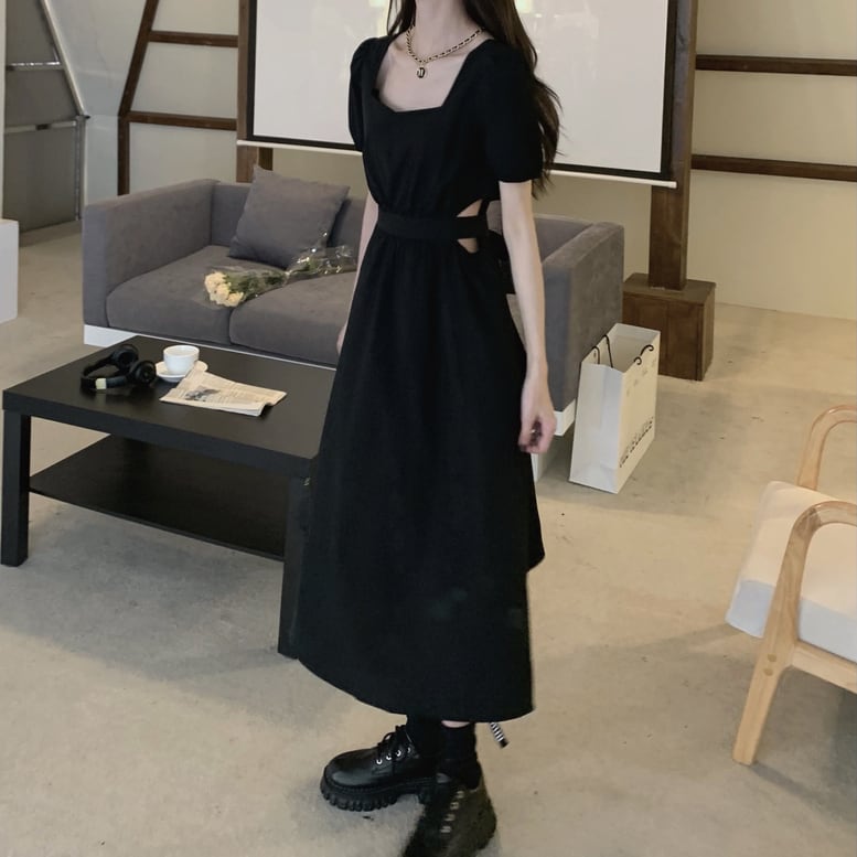 レディース ロングワンピース サイドオープン スクエアネック 半袖 パフスリーブ ウエストカット レディース ロングワンピース サイドオープン スクエアネック 半袖 パフスリーブ ウエストカット