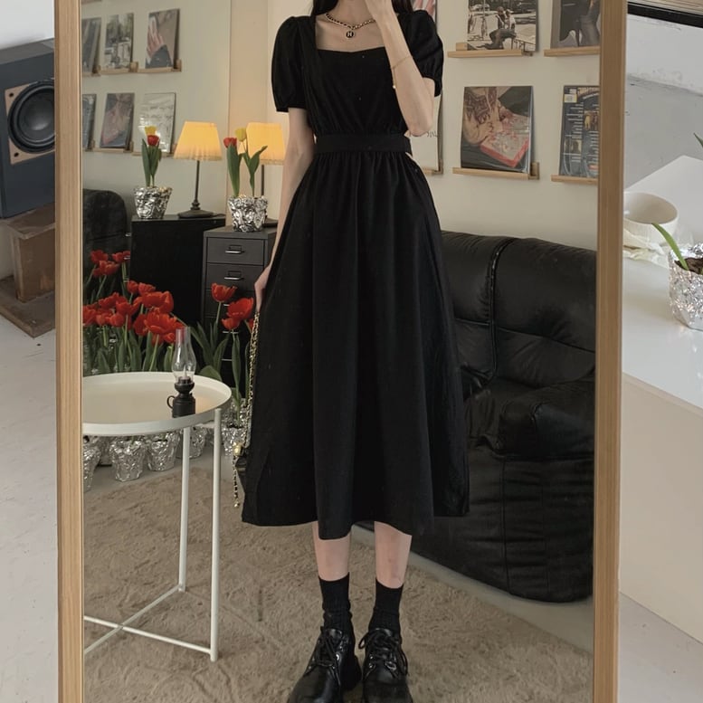 レディース ロングワンピース サイドオープン スクエアネック 半袖 パフスリーブ ウエストカット レディース ロングワンピース サイドオープン スクエアネック 半袖 パフスリーブ ウエストカット