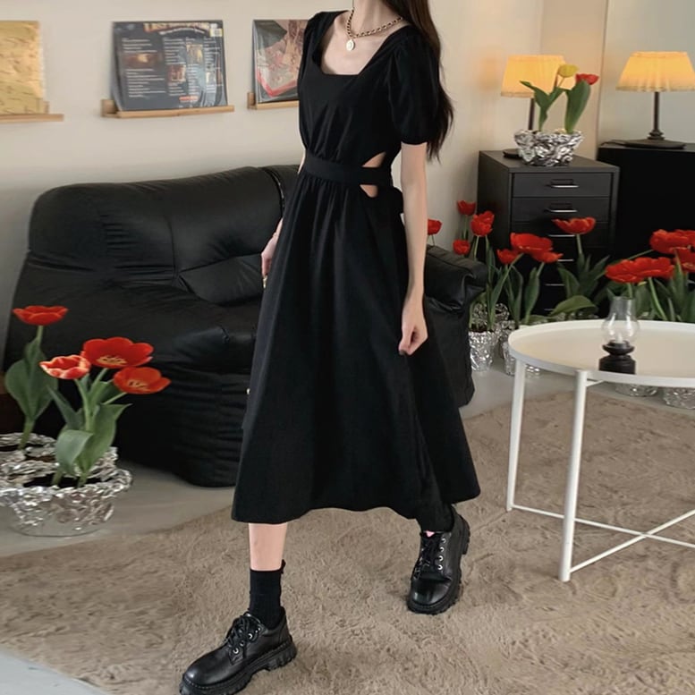 レディース ロングワンピース サイドオープン スクエアネック 半袖 パフスリーブ ウエストカット レディース ロングワンピース サイドオープン スクエアネック 半袖 パフスリーブ ウエストカット