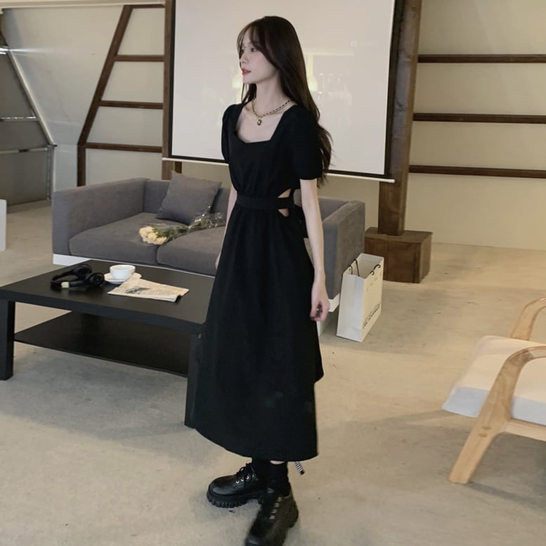 レディース ロングワンピース サイドオープン スクエアネック 半袖 パフスリーブ ウエストカット レディース ロングワンピース サイドオープン スクエアネック 半袖 パフスリーブ ウエストカット