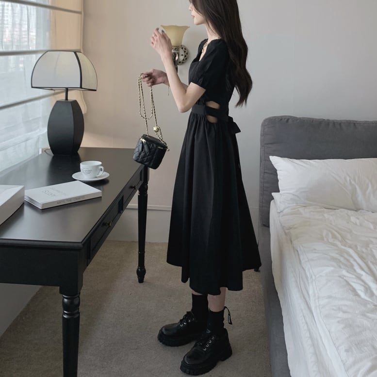 レディース ロングワンピース サイドオープン スクエアネック 半袖 パフスリーブ ウエストカット レディース ロングワンピース サイドオープン スクエアネック 半袖 パフスリーブ ウエストカット
