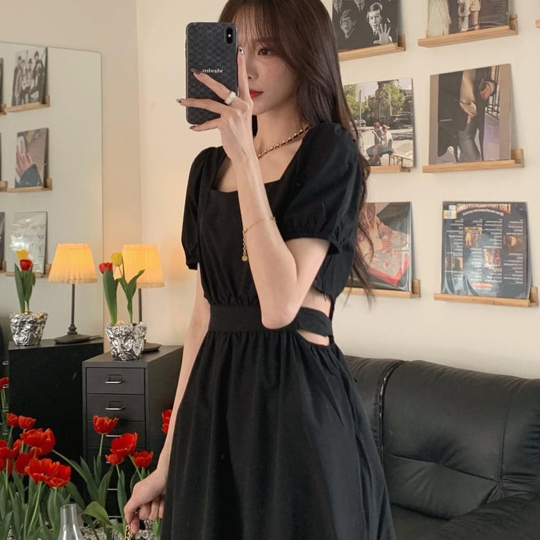 レディース ロングワンピース サイドオープン スクエアネック 半袖 パフスリーブ ウエストカット レディース ロングワンピース サイドオープン スクエアネック 半袖 パフスリーブ ウエストカット