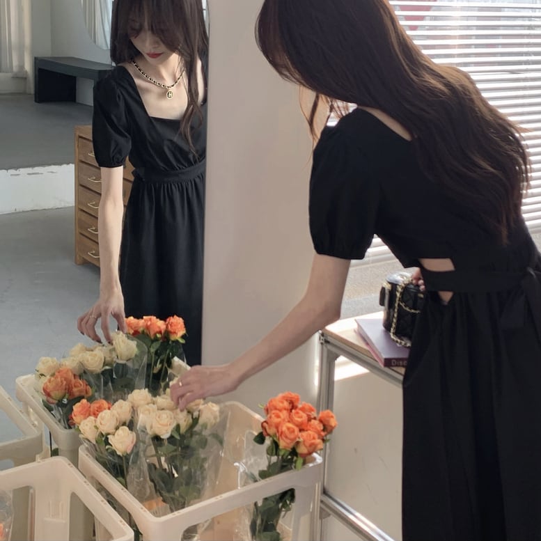 レディース ロングワンピース サイドオープン スクエアネック 半袖 パフスリーブ ウエストカット レディース ロングワンピース サイドオープン スクエアネック 半袖 パフスリーブ ウエストカット