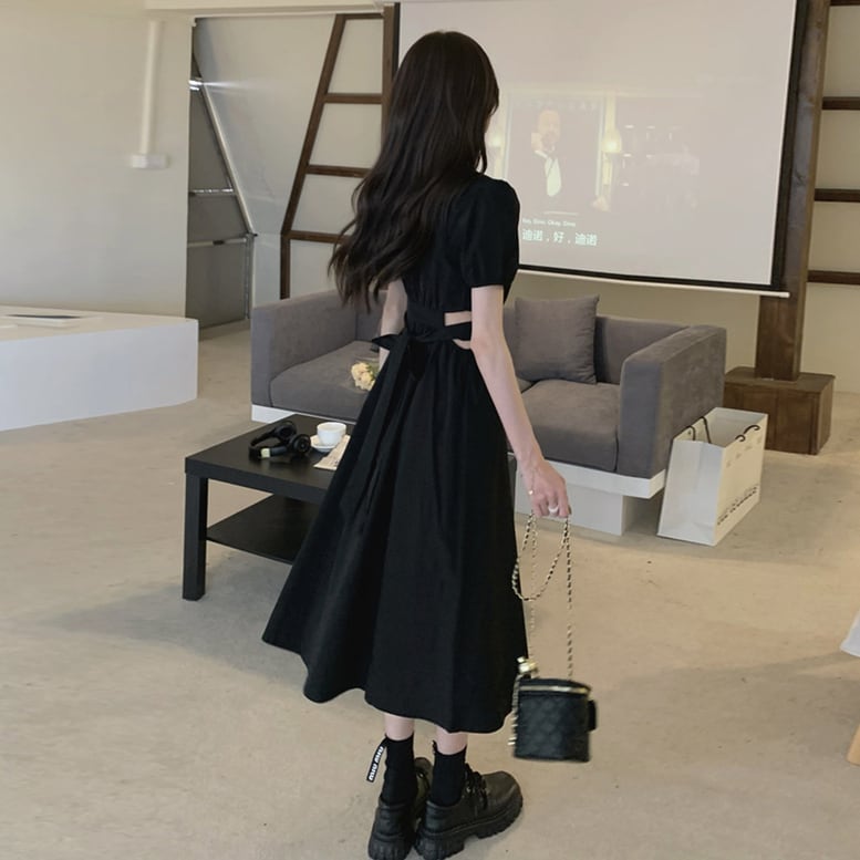 レディース ロングワンピース サイドオープン スクエアネック 半袖 パフスリーブ ウエストカット レディース ロングワンピース サイドオープン スクエアネック 半袖 パフスリーブ ウエストカット