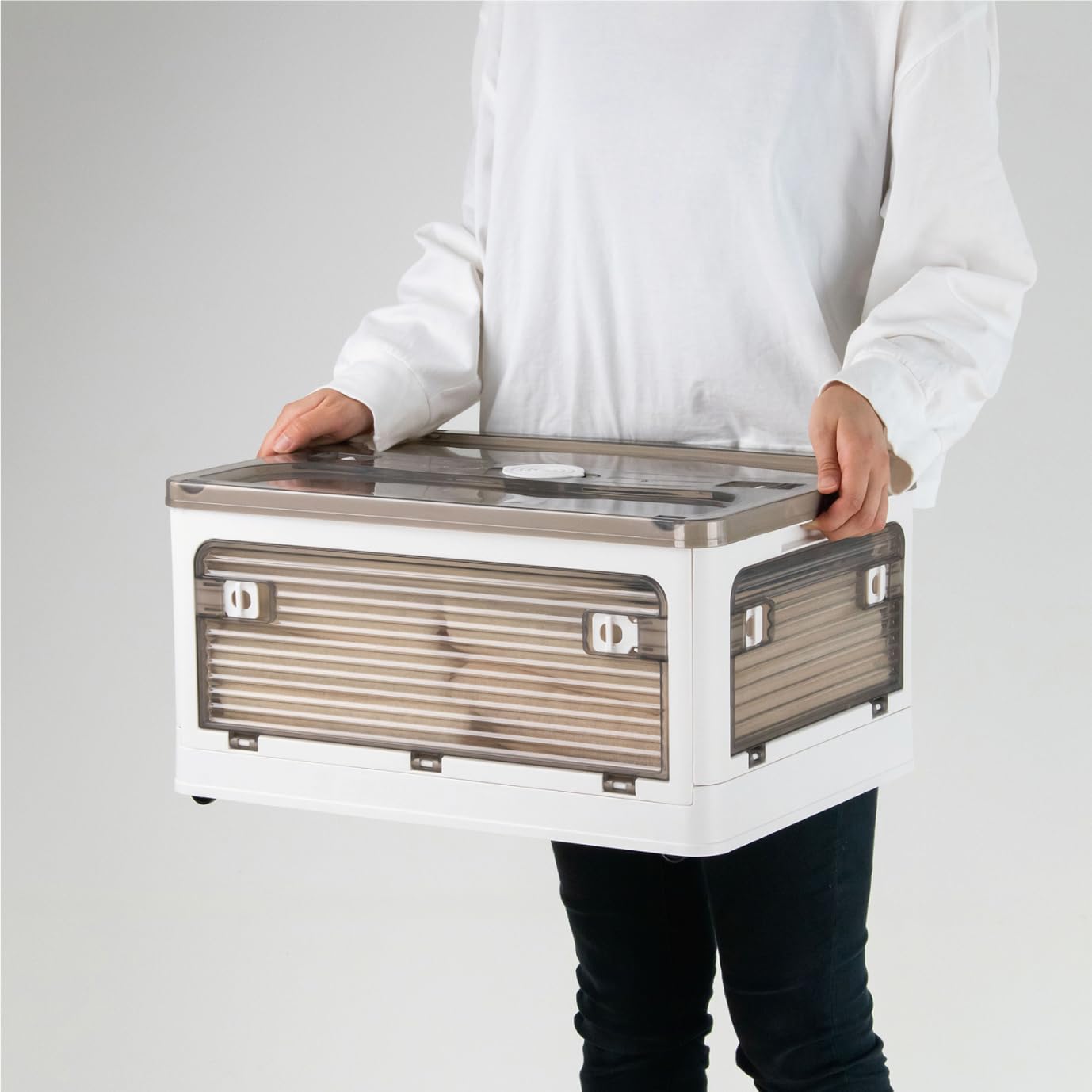 折りたたみ式収納ボックス Mサイズ ホワイト 蓋付き 積み重ね 全方向から取り出せる 収納ケース 収納 折り畳み コンテナ ボックス プラスチック キャスター付き 組立簡単 [W47xD35xH24]