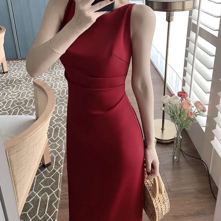 パーティドレス レディース ワンピース ロング 袖なし ノースリーブ ボートネック タイト スリム 細身 ストレート きれいめ シンプル 上品 おしゃれ かっこいい クール 存在感 フォーマル 無地