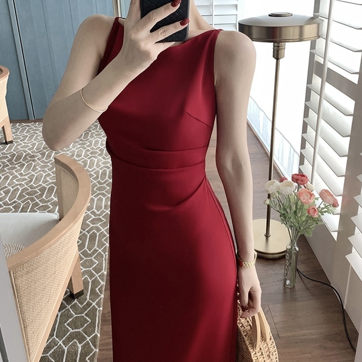 パーティドレス レディース ワンピース ロング 袖なし ノースリーブ ボートネック タイト スリム 細身 ストレート きれいめ シンプル 上品 おしゃれ かっこいい クール 存在感 フォーマル 無地