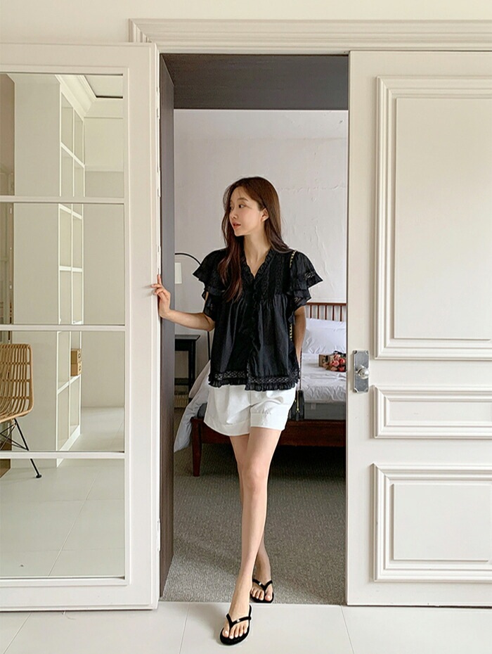 [メガ割りSALE]コットンレース半袖フリルピンタックブラウス