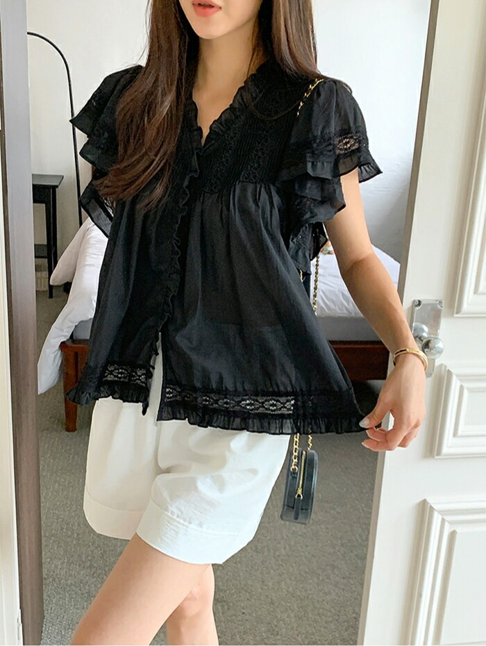 [メガ割りSALE]コットンレース半袖フリルピンタックブラウス