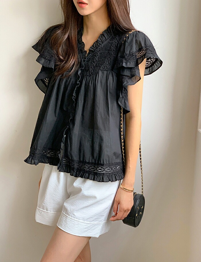 [メガ割りSALE]コットンレース半袖フリルピンタックブラウス