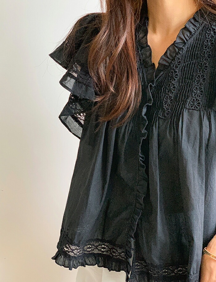 [メガ割りSALE]コットンレース半袖フリルピンタックブラウス
