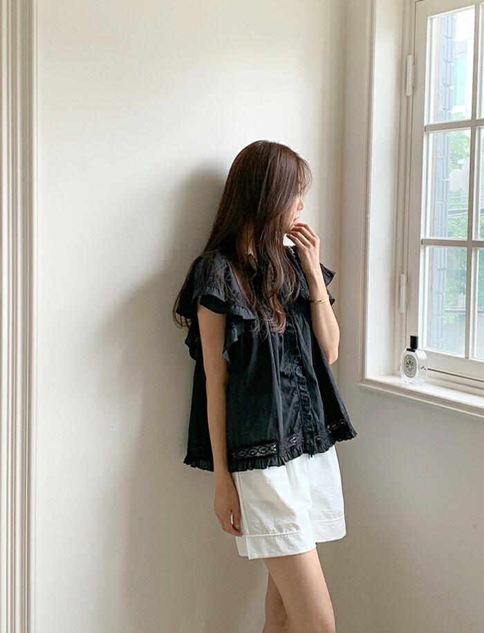 [メガ割りSALE]コットンレース半袖フリルピンタックブラウス