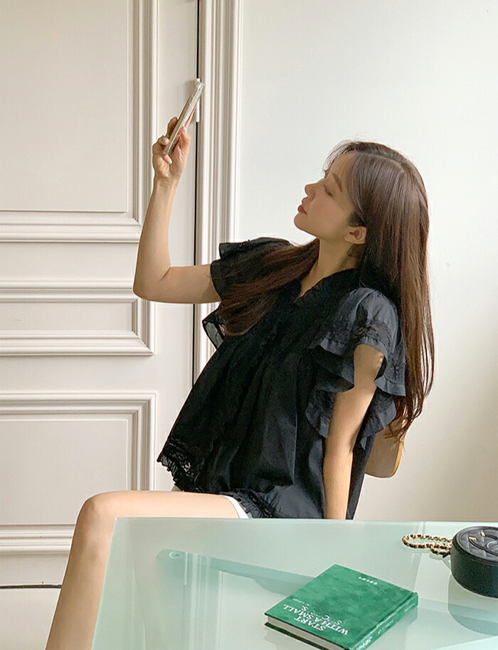 [メガ割りSALE]コットンレース半袖フリルピンタックブラウス