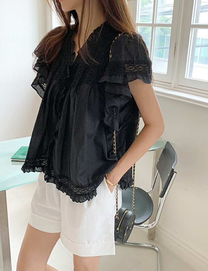 [メガ割りSALE]コットンレース半袖フリルピンタックブラウス