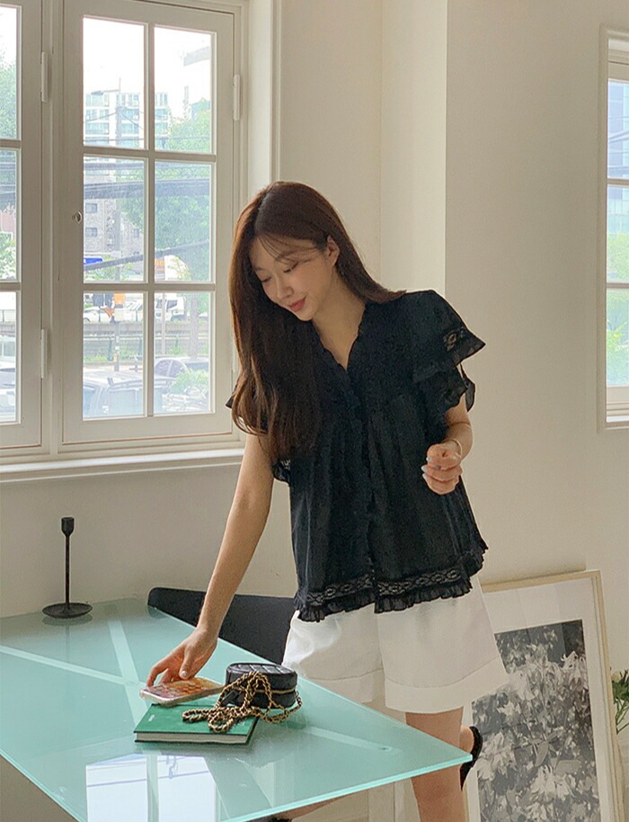 [メガ割りSALE]コットンレース半袖フリルピンタックブラウス