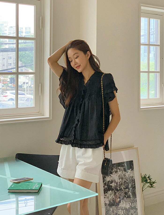 [メガ割りSALE]コットンレース半袖フリルピンタックブラウス
