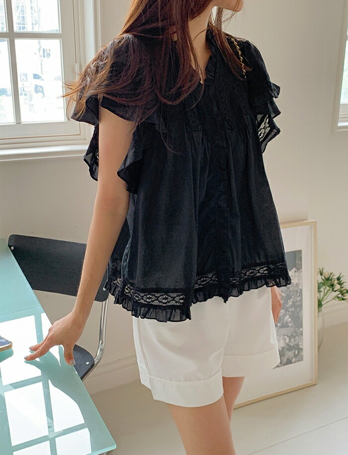 [メガ割りSALE]コットンレース半袖フリルピンタックブラウス