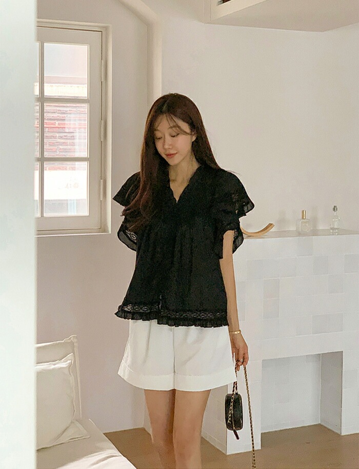 [メガ割りSALE]コットンレース半袖フリルピンタックブラウス