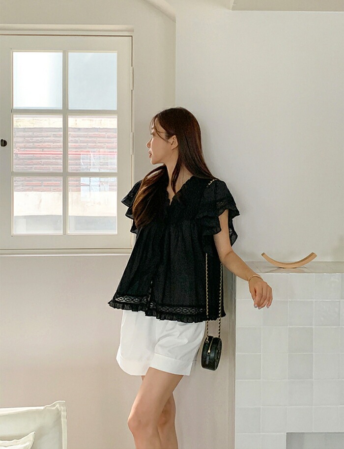 [メガ割りSALE]コットンレース半袖フリルピンタックブラウス