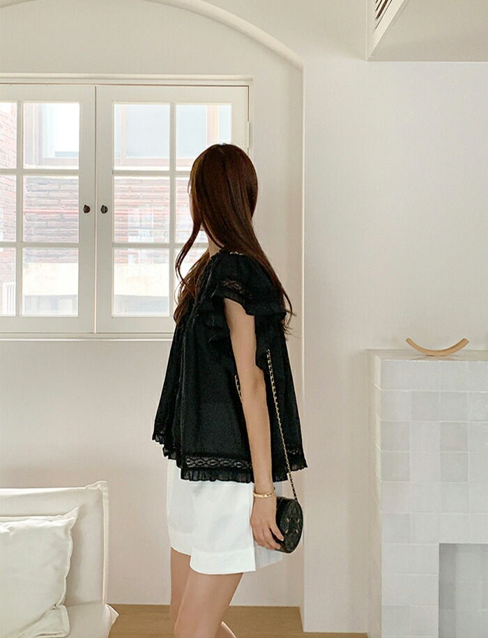 [メガ割りSALE]コットンレース半袖フリルピンタックブラウス