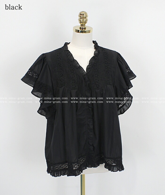 [メガ割りSALE]コットンレース半袖フリルピンタックブラウス