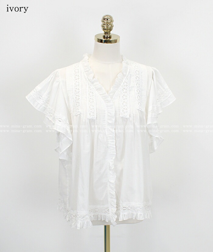 [メガ割りSALE]コットンレース半袖フリルピンタックブラウス