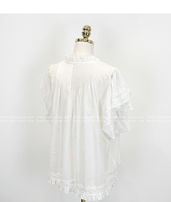 [メガ割りSALE]コットンレース半袖フリルピンタックブラウス
