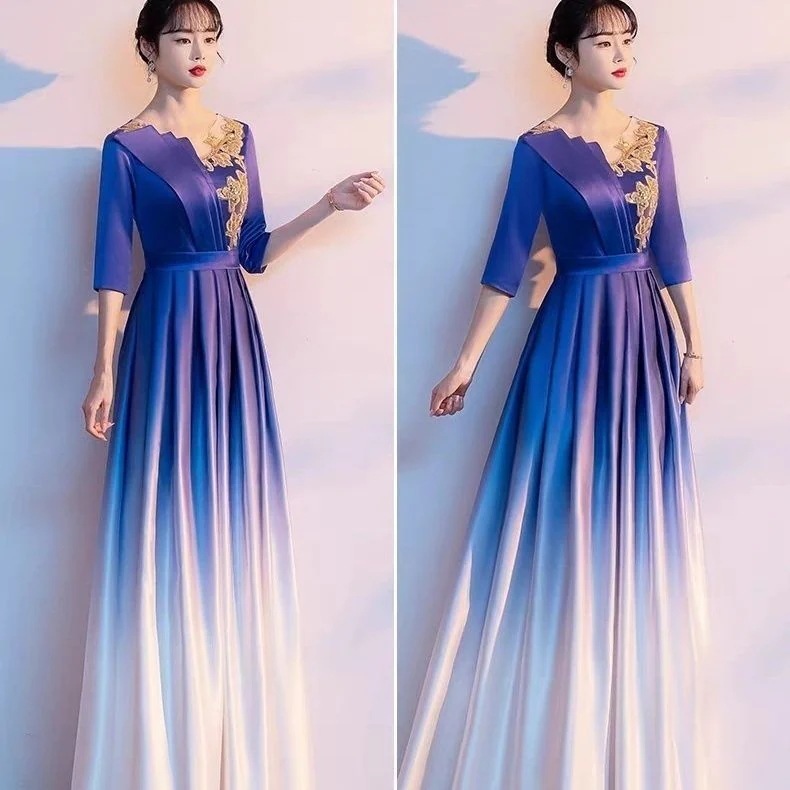 グラデーションサテン合唱団衣装女性用ロングスカート指揮者ガウン宴会イブニングガウンホスト衣装 グラデーションサテン合唱団衣装女性用ロングスカート指揮者ガウン宴会イブニングガウンホスト衣装