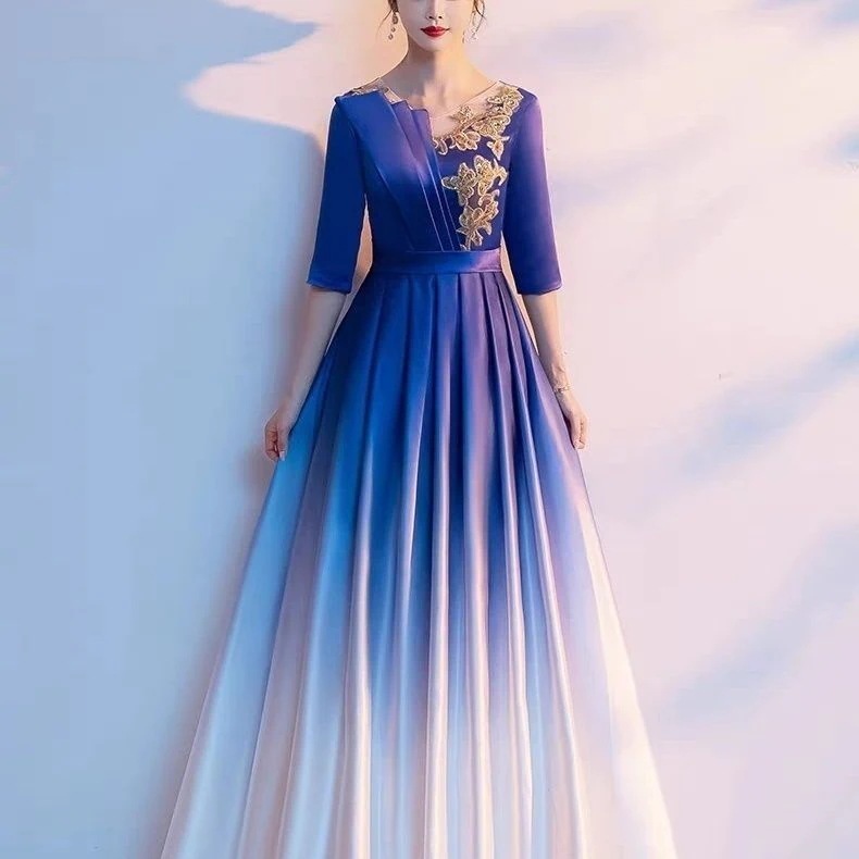 グラデーションサテン合唱団衣装女性用ロングスカート指揮者ガウン宴会イブニングガウンホスト衣装 グラデーションサテン合唱団衣装女性用ロングスカート指揮者ガウン宴会イブニングガウンホスト衣装